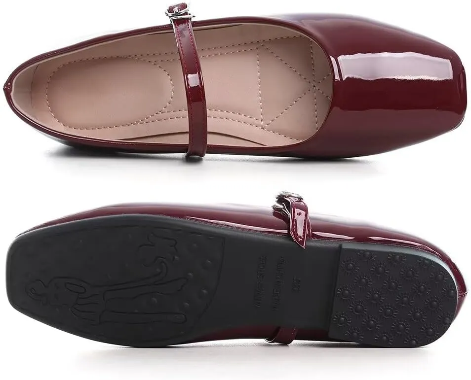 Stunner Mary Jane Square Toe Black Ballet Flats for Women - Comfortable Ankle Strap Casual Slip On Flats
