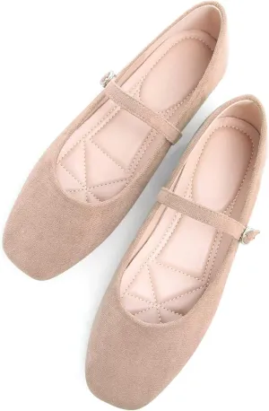 Stunner Mary Jane Square Toe Black Ballet Flats for Women - Comfortable Ankle Strap Casual Slip On Flats