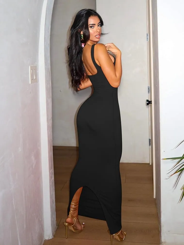 Stylishine Women's Sexy Spaghetti Straps Bodycon Split Scoop Neck Cocktail Party Maxi Dress