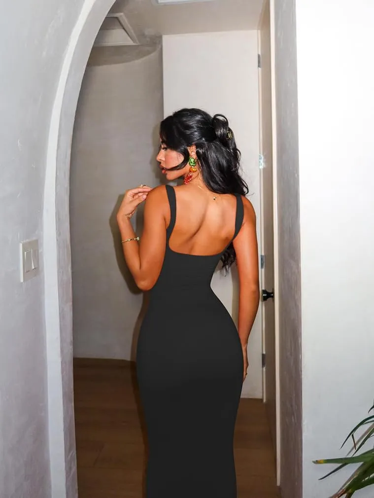 Stylishine Women's Sexy Spaghetti Straps Bodycon Split Scoop Neck Cocktail Party Maxi Dress