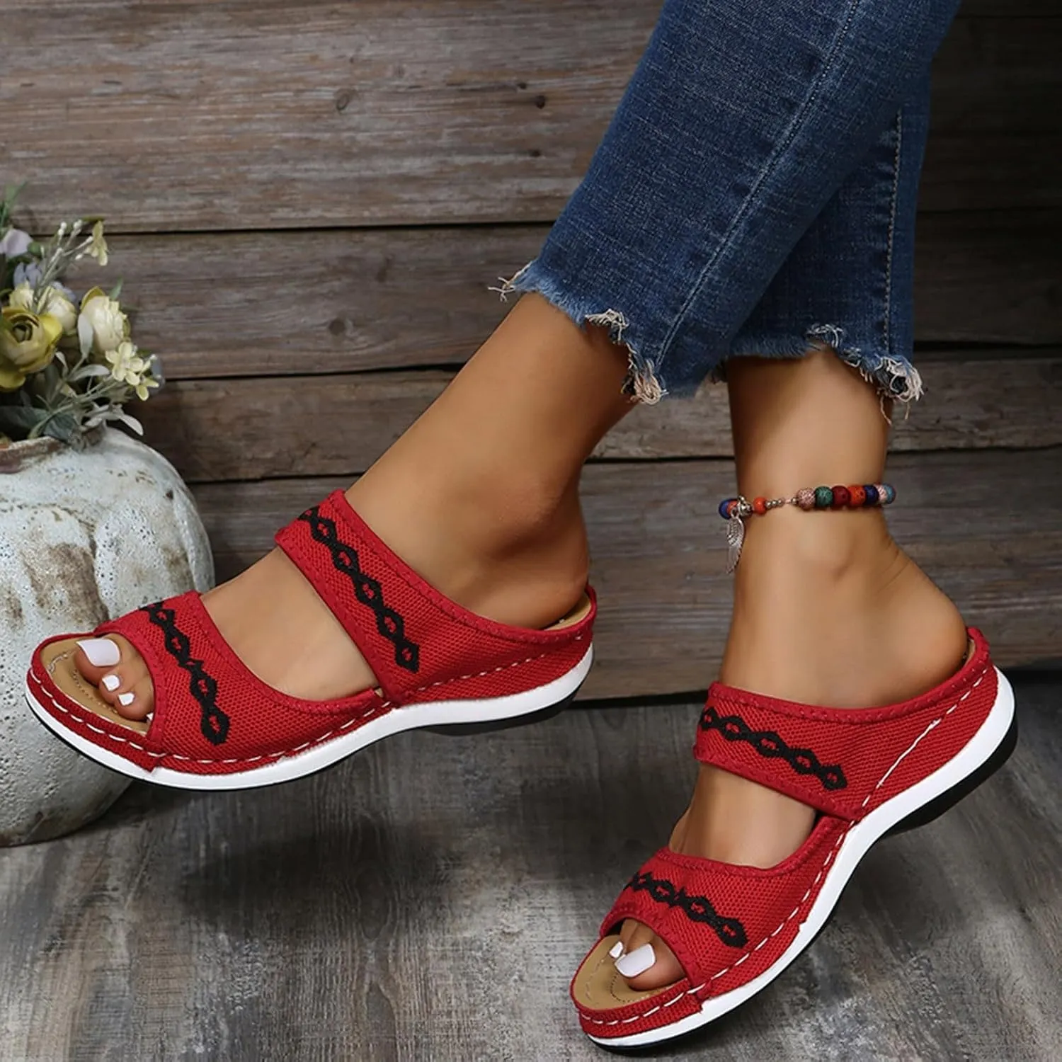 SuanlaTDS Women's Orthopedic Wedge Sandals Platform Arch Support 2025 Comfortable Slip On Low Heels Summer Shoes Casual Dressy Double Band Open Toe Wedges Beach Sandal Slides Slippers