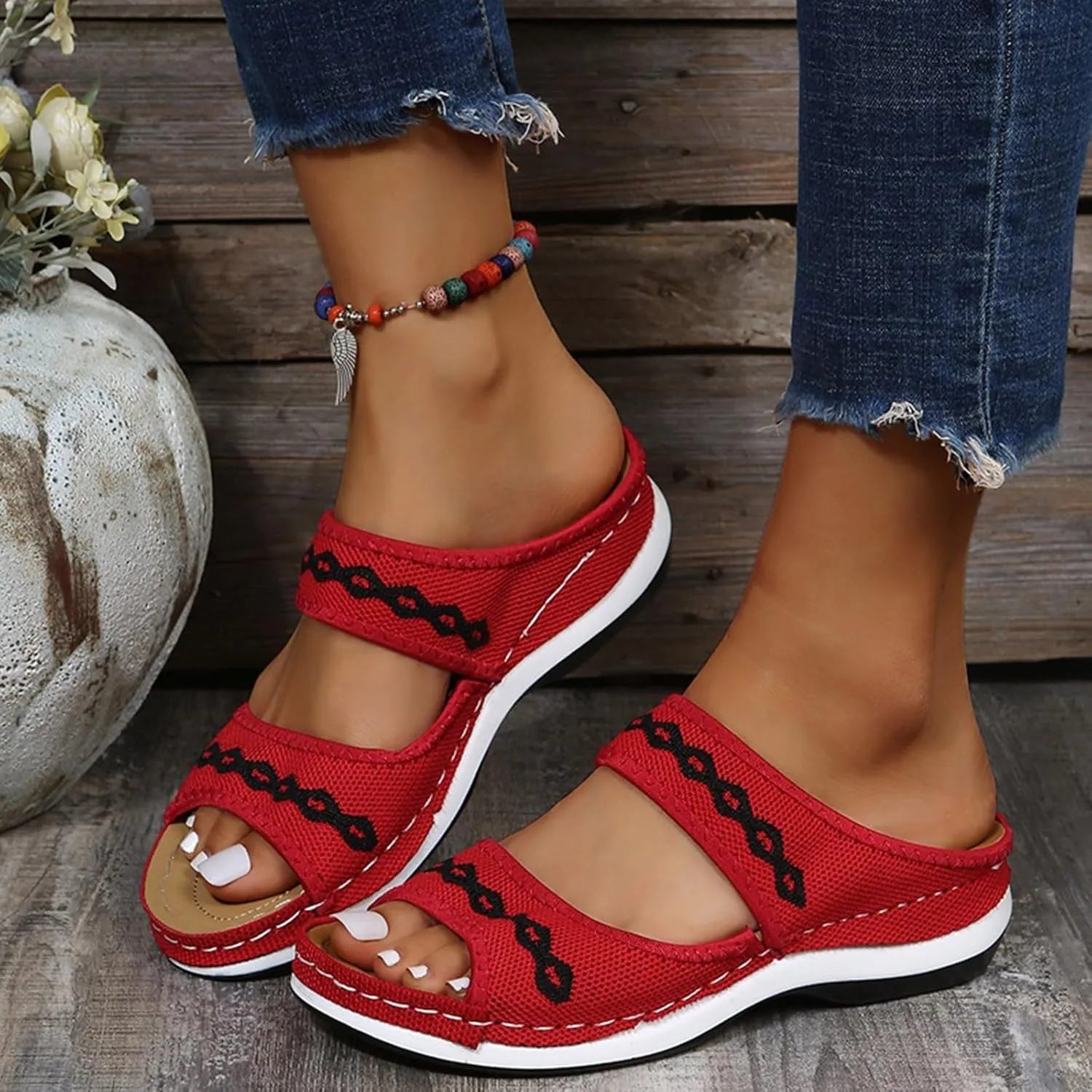 SuanlaTDS Women's Orthopedic Wedge Sandals Platform Arch Support 2025 Comfortable Slip On Low Heels Summer Shoes Casual Dressy Double Band Open Toe Wedges Beach Sandal Slides Slippers