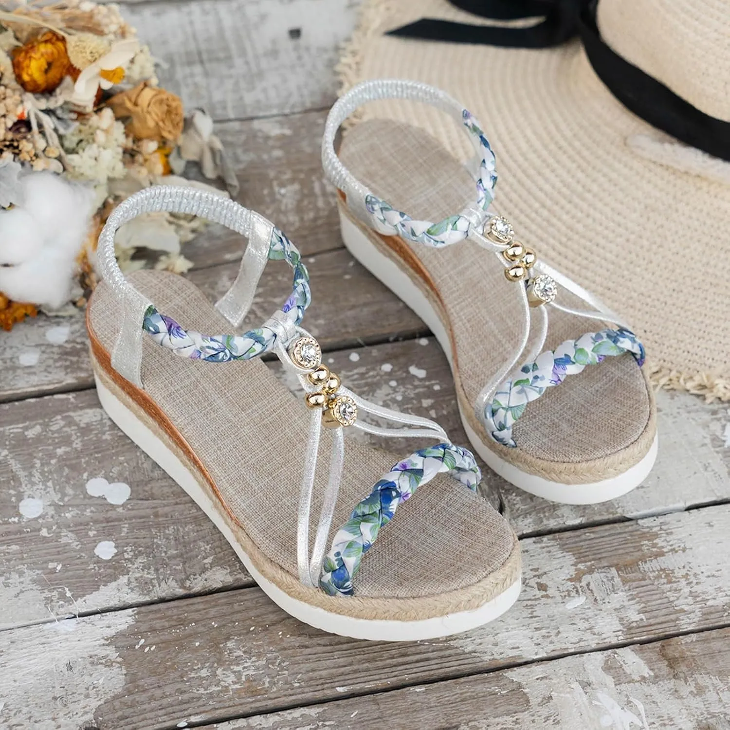 SuanlaTDS Womens Wedge Sandals Espadrilles Elastic Ankle Strap Open Toe Platform Wedges Sandals Espadrille Boho Elegant Low Heel Slides Sandals Dressy Summer Casual Walking Shoes