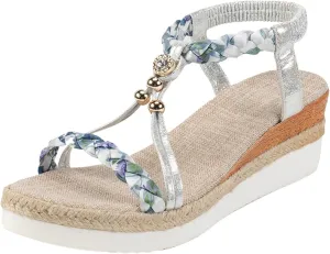 SuanlaTDS Womens Wedge Sandals Espadrilles Elastic Ankle Strap Open Toe Platform Wedges Sandals Espadrille Boho Elegant Low Heel Slides Sandals Dressy Summer Casual Walking Shoes