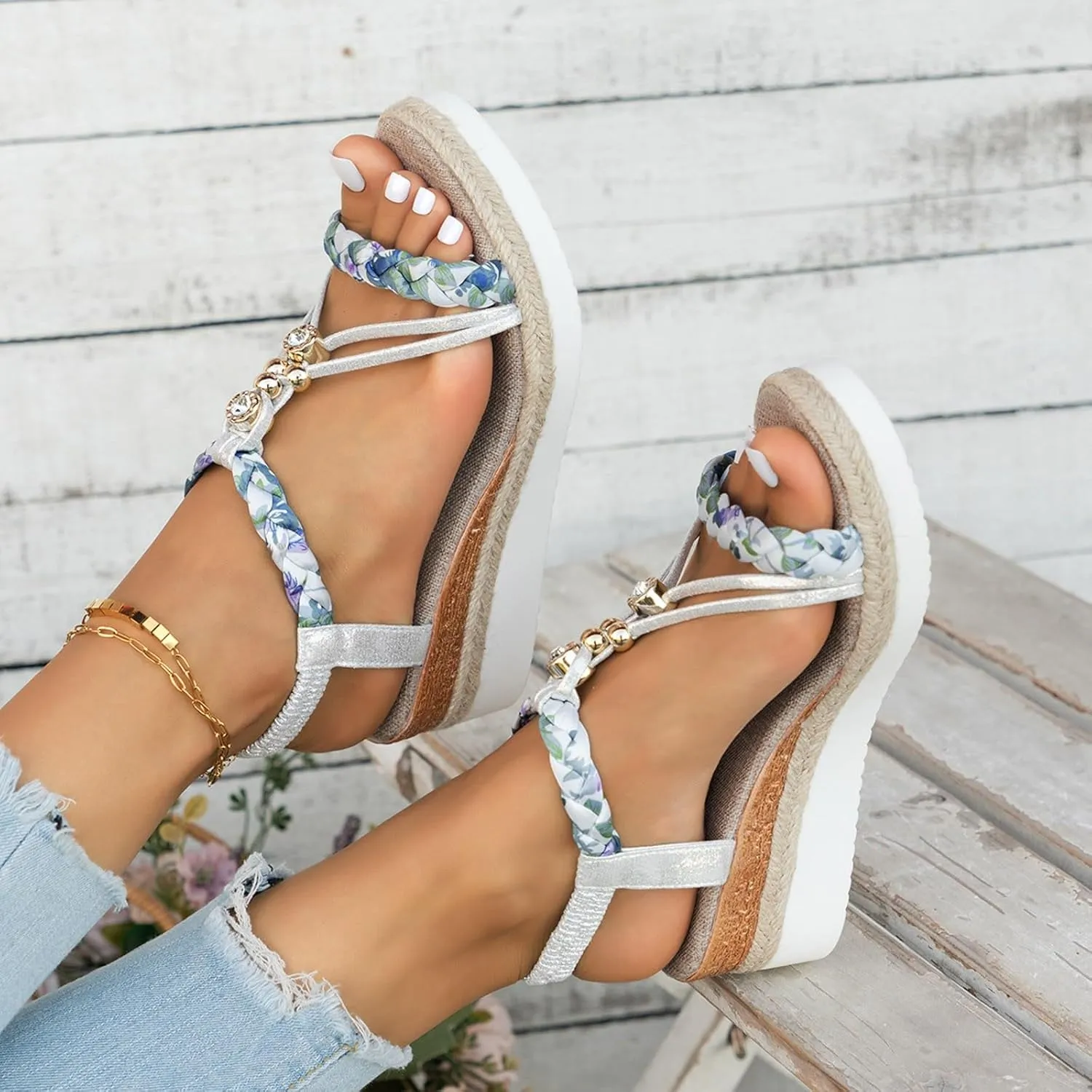 SuanlaTDS Womens Wedge Sandals Espadrilles Elastic Ankle Strap Open Toe Platform Wedges Sandals Espadrille Boho Elegant Low Heel Slides Sandals Dressy Summer Casual Walking Shoes