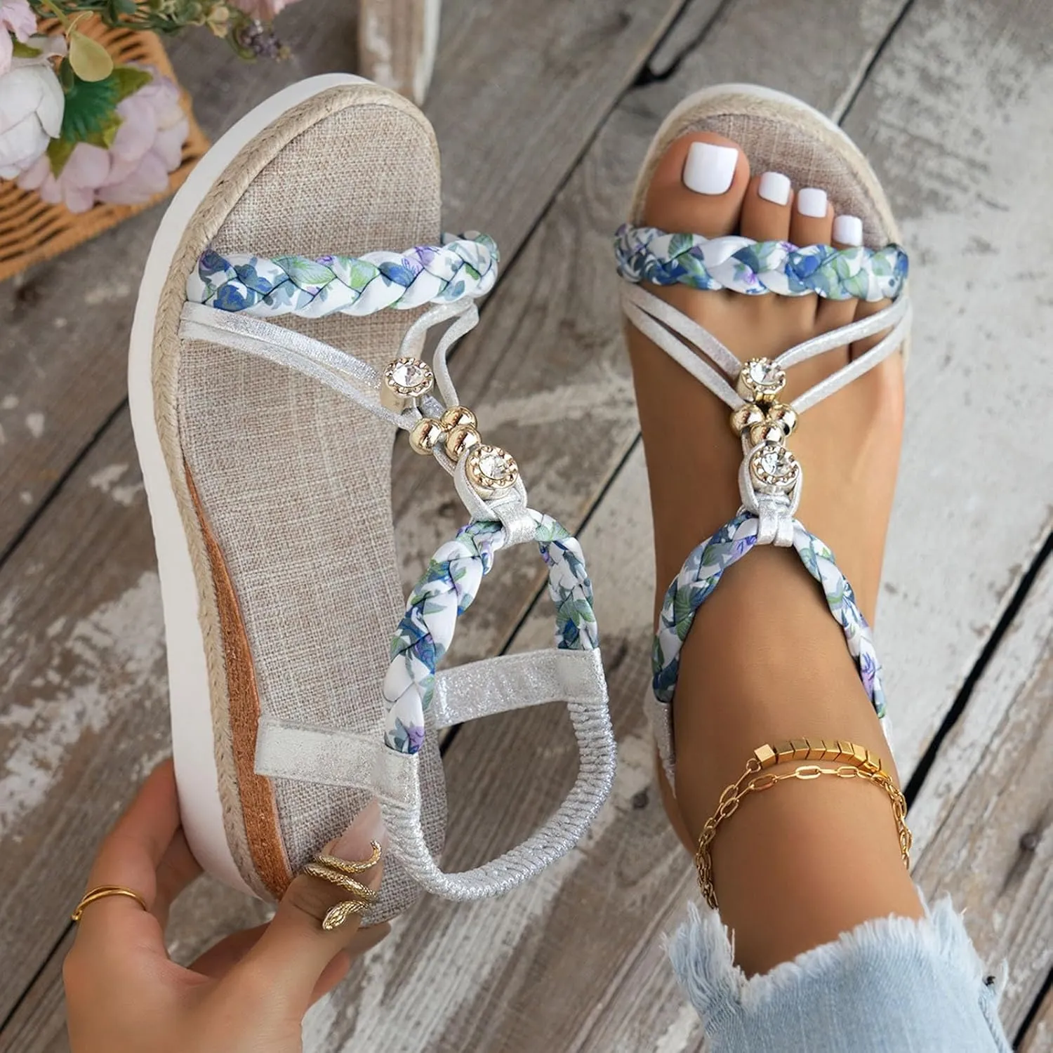 SuanlaTDS Womens Wedge Sandals Espadrilles Elastic Ankle Strap Open Toe Platform Wedges Sandals Espadrille Boho Elegant Low Heel Slides Sandals Dressy Summer Casual Walking Shoes