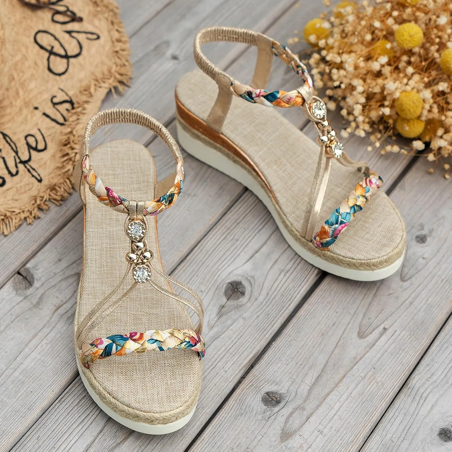 SuanlaTDS Womens Wedge Sandals Espadrilles Elastic Ankle Strap Open Toe Platform Wedges Sandals Espadrille Boho Elegant Low Heel Slides Sandals Dressy Summer Casual Walking Shoes
