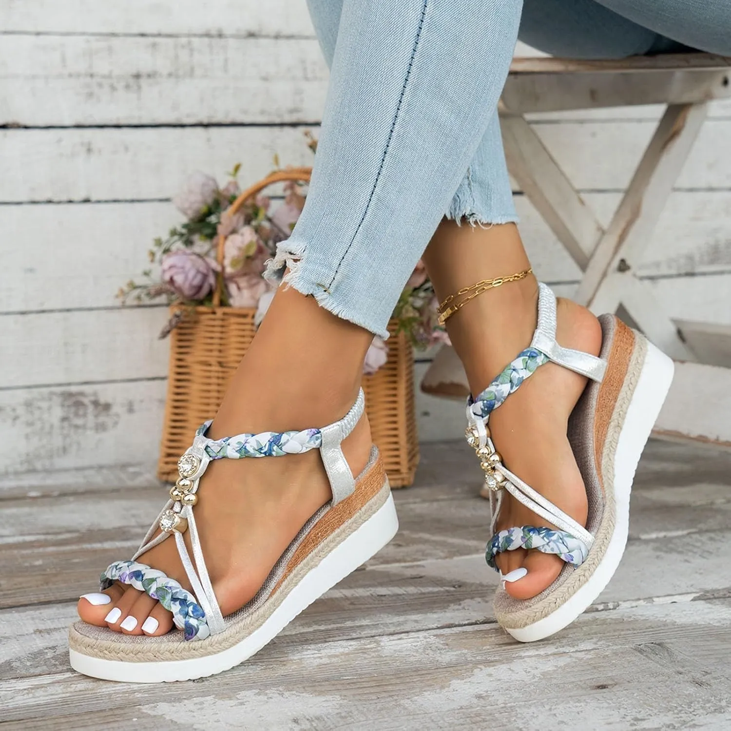 SuanlaTDS Womens Wedge Sandals Espadrilles Elastic Ankle Strap Open Toe Platform Wedges Sandals Espadrille Boho Elegant Low Heel Slides Sandals Dressy Summer Casual Walking Shoes