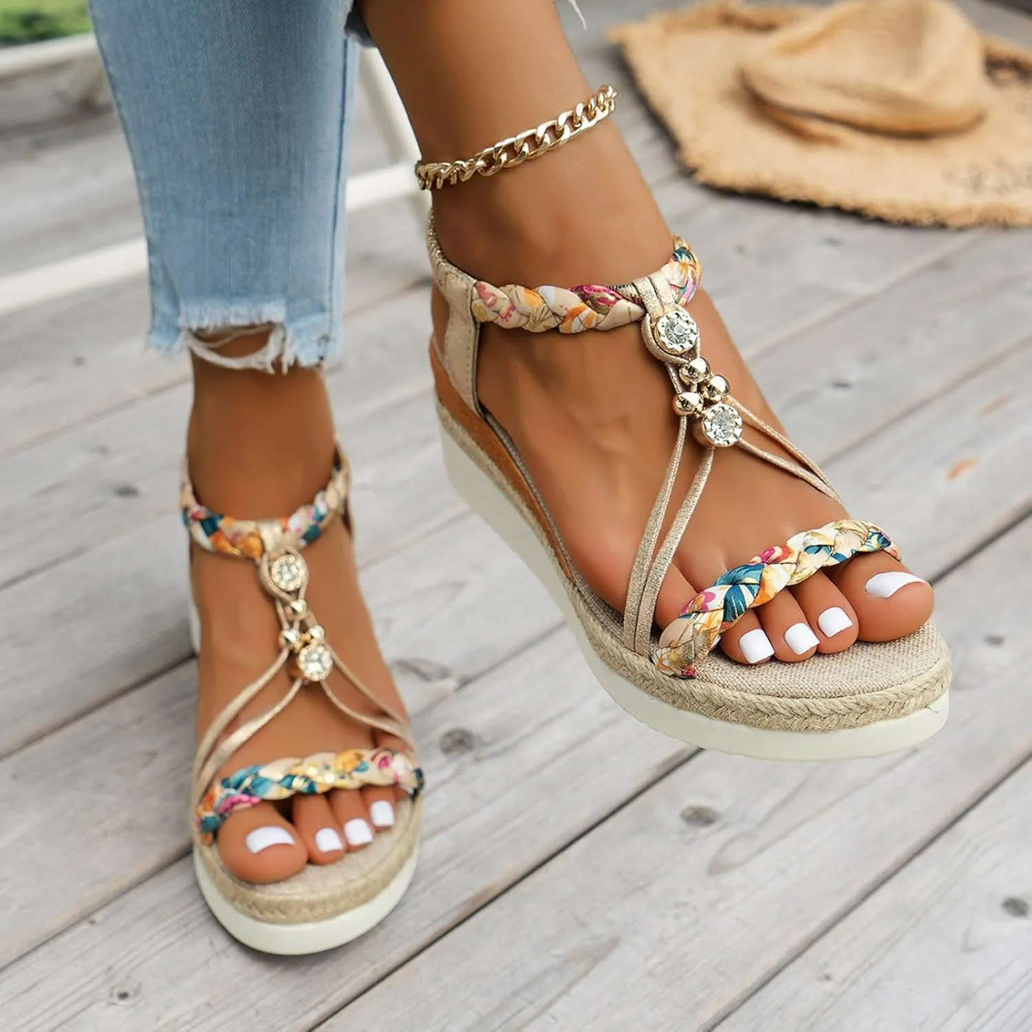 SuanlaTDS Womens Wedge Sandals Espadrilles Elastic Ankle Strap Open Toe Platform Wedges Sandals Espadrille Boho Elegant Low Heel Slides Sandals Dressy Summer Casual Walking Shoes