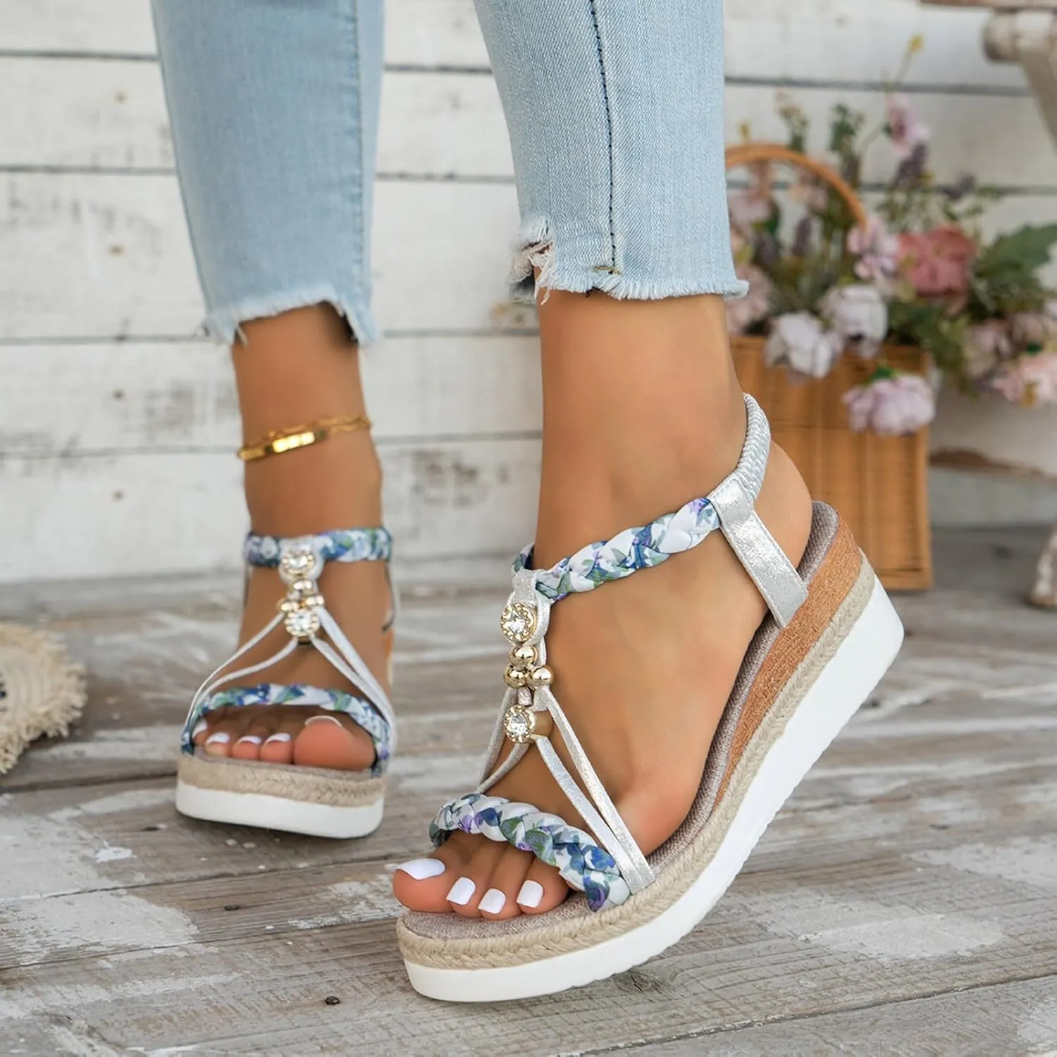 SuanlaTDS Womens Wedge Sandals Espadrilles Elastic Ankle Strap Open Toe Platform Wedges Sandals Espadrille Boho Elegant Low Heel Slides Sandals Dressy Summer Casual Walking Shoes