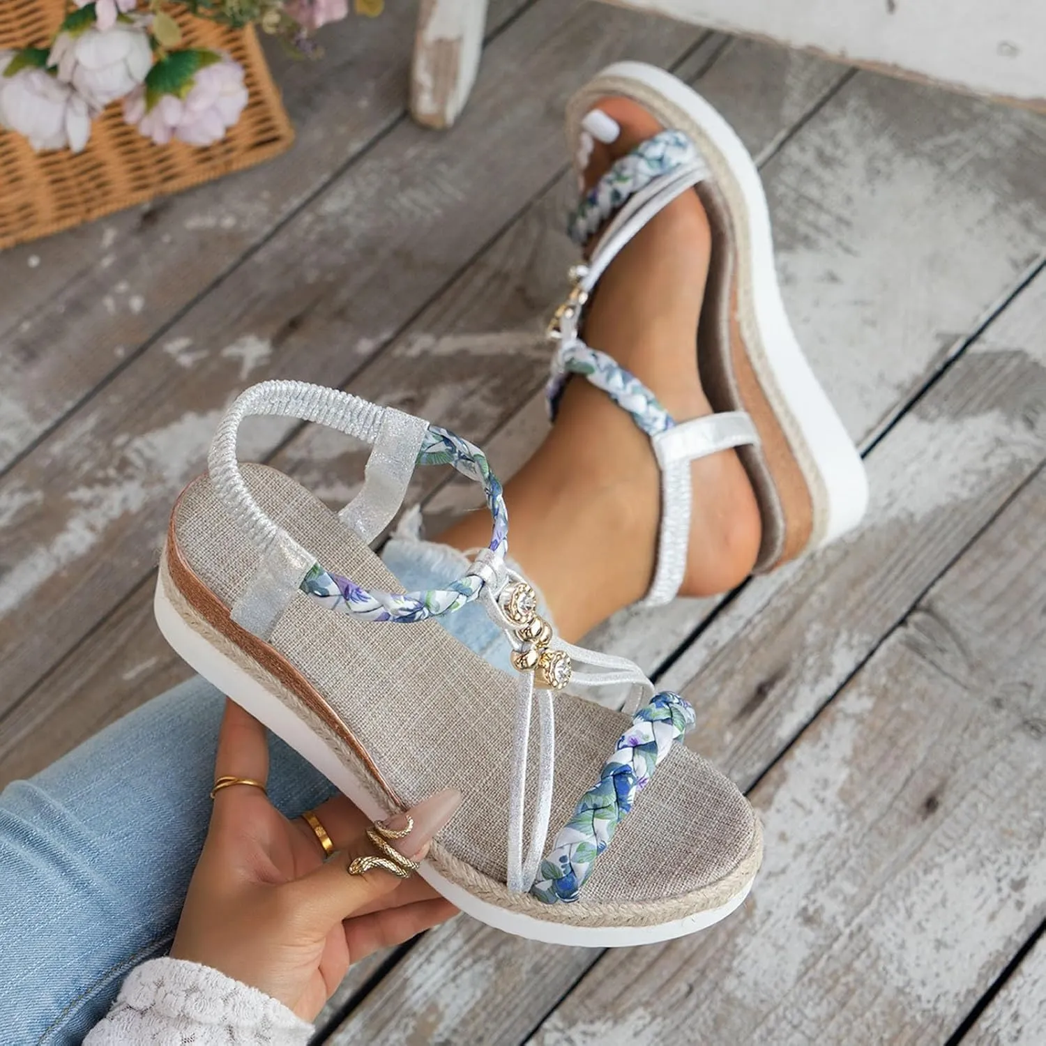 SuanlaTDS Womens Wedge Sandals Espadrilles Elastic Ankle Strap Open Toe Platform Wedges Sandals Espadrille Boho Elegant Low Heel Slides Sandals Dressy Summer Casual Walking Shoes