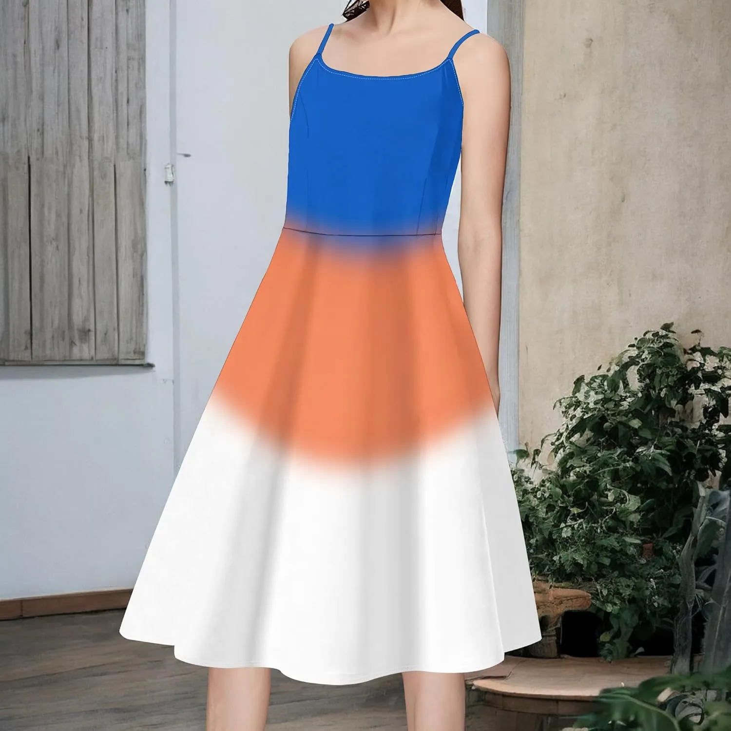 Summer Cami Midi Halter Tank Short Dress Off-Shoulder Backless Adjustable Shoulder Strap Knee-Length Sundress S-3XL