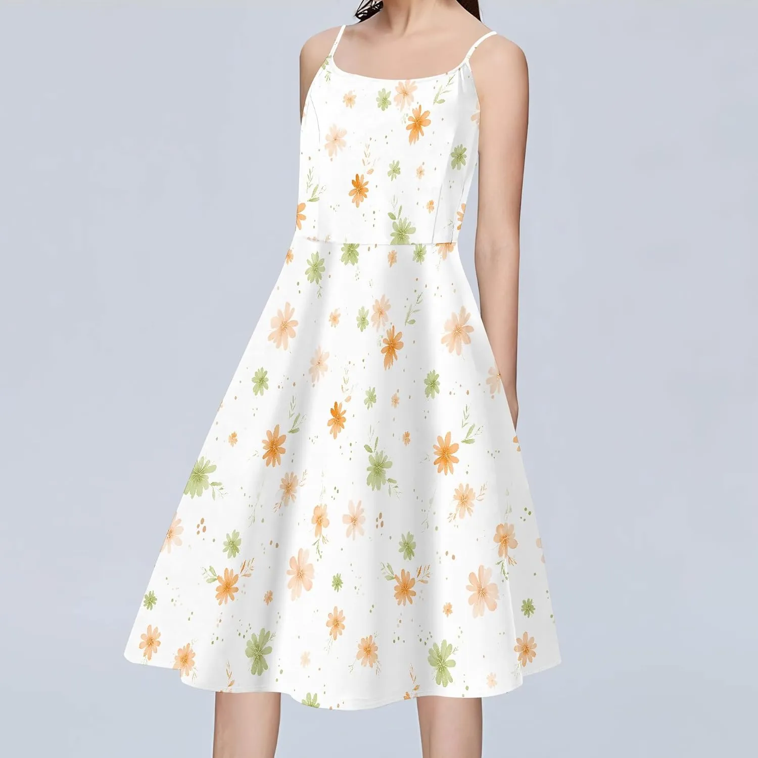 Summer Cami Midi Halter Tank Short Dress Off-Shoulder Backless Adjustable Shoulder Strap Knee-Length Sundress S-3XL