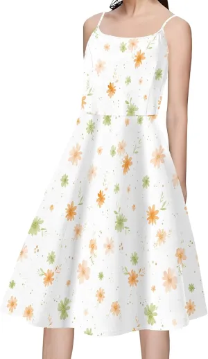 Summer Cami Midi Halter Tank Short Dress Off-Shoulder Backless Adjustable Shoulder Strap Knee-Length Sundress S-3XL