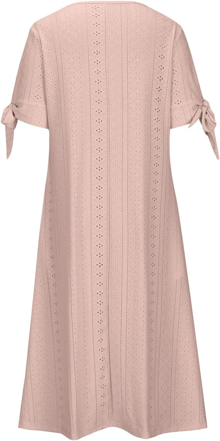 Summer Dresses for Women 2025 V Neck Eyelet Midi Dress Beach Vacation Short Sleeve Button Up Sundress with Pockets