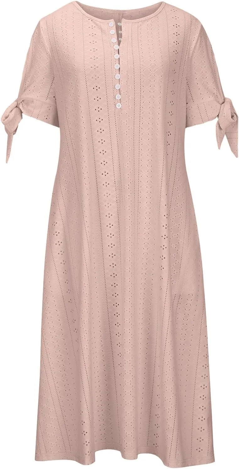 Summer Dresses for Women 2025 V Neck Eyelet Midi Dress Beach Vacation Short Sleeve Button Up Sundress with Pockets