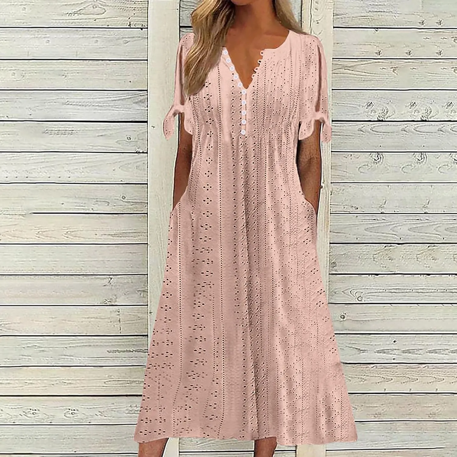 Summer Dresses for Women 2025 V Neck Eyelet Midi Dress Beach Vacation Short Sleeve Button Up Sundress with Pockets