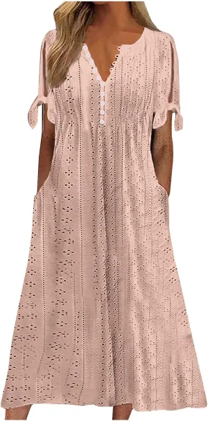 Summer Dresses for Women 2025 V Neck Eyelet Midi Dress Beach Vacation Short Sleeve Button Up Sundress with Pockets