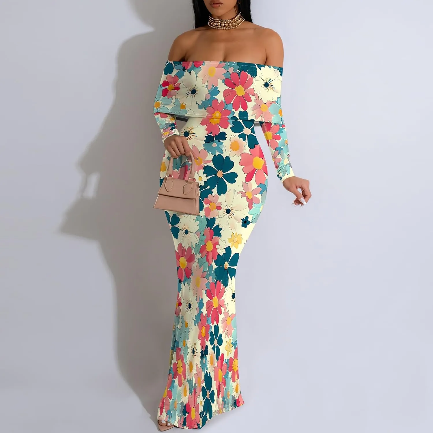 Summer Off-Shoulder Backless Long Sleeve Bodycon A-Line Maxi Dress High-Waisted Leg-of-Mutton Sleeve Sundress S-3XL