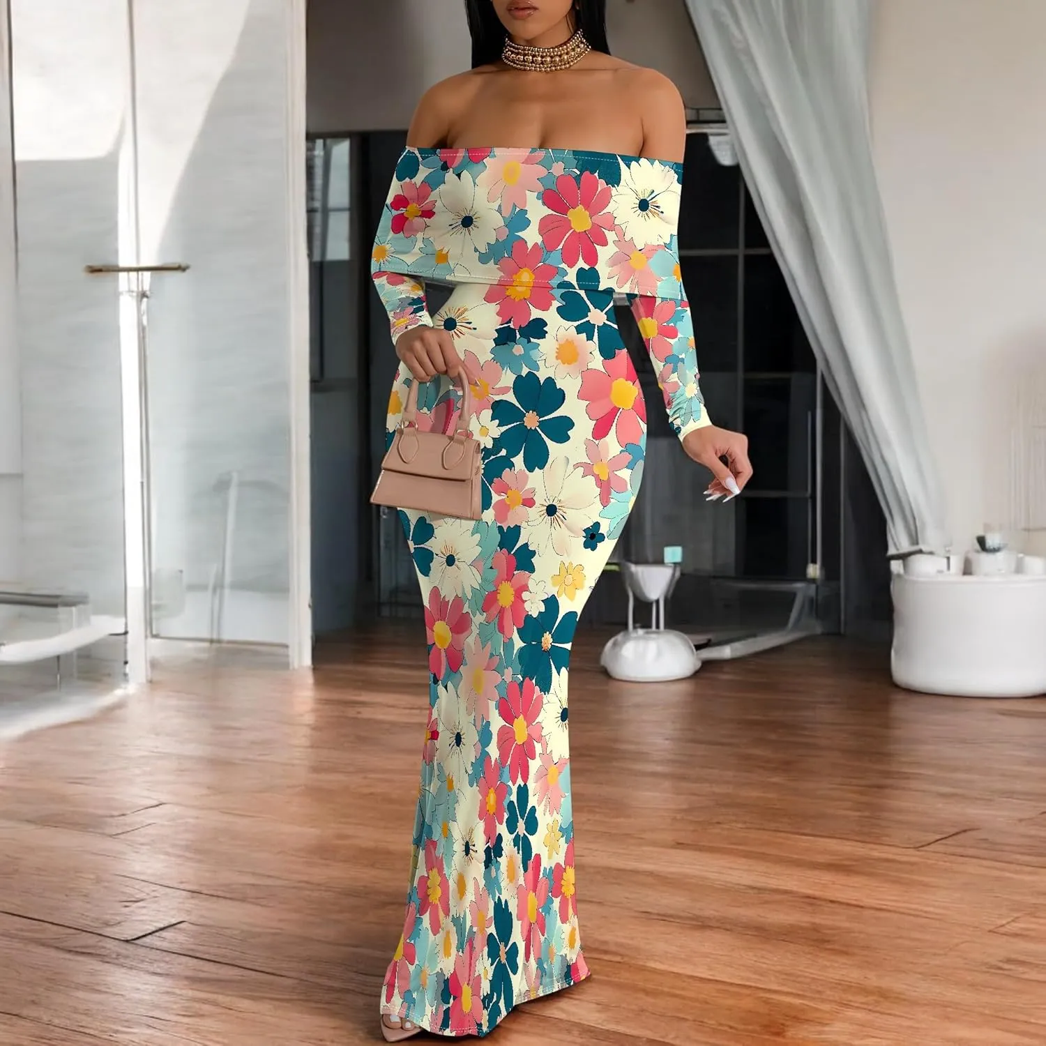 Summer Off-Shoulder Backless Long Sleeve Bodycon A-Line Maxi Dress High-Waisted Leg-of-Mutton Sleeve Sundress S-3XL