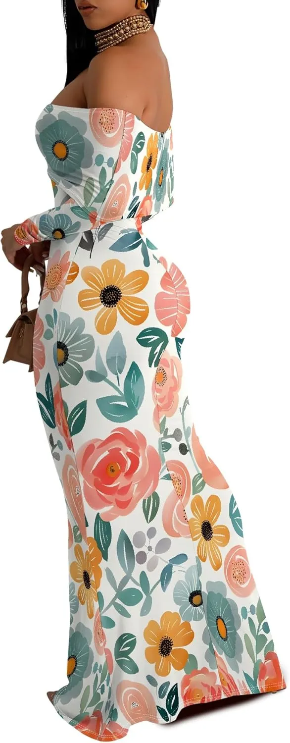 Summer Off-Shoulder Backless Long Sleeve Bodycon A-Line Maxi Dress High-Waisted Leg-of-Mutton Sleeve Sundress S-3XL