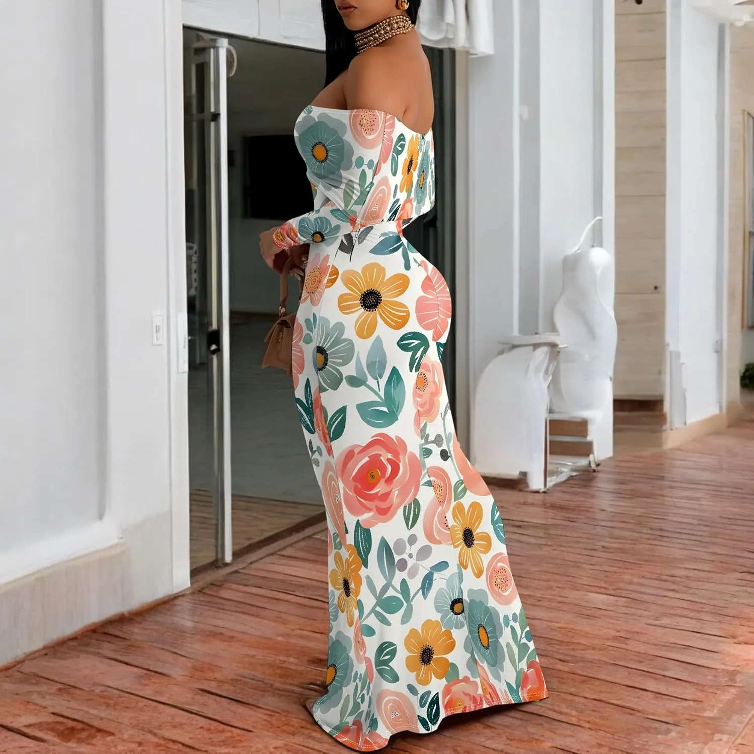 Summer Off-Shoulder Backless Long Sleeve Bodycon A-Line Maxi Dress High-Waisted Leg-of-Mutton Sleeve Sundress S-3XL