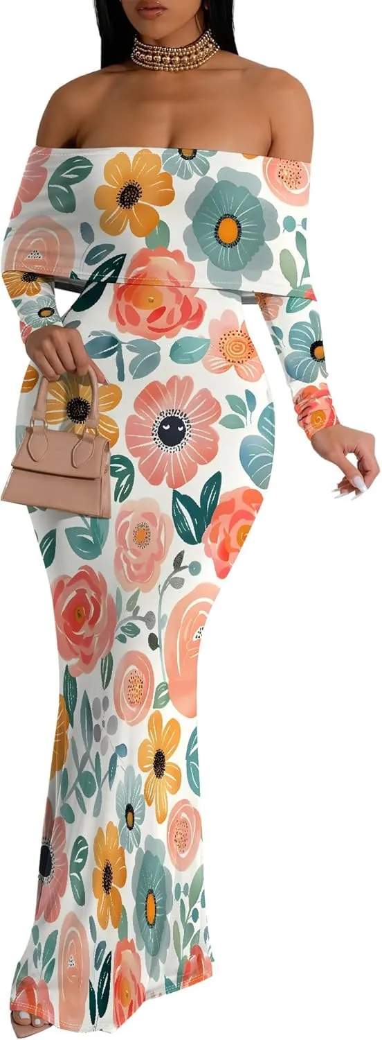 Summer Off-Shoulder Backless Long Sleeve Bodycon A-Line Maxi Dress High-Waisted Leg-of-Mutton Sleeve Sundress S-3XL
