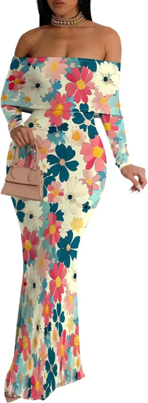 Summer Off-Shoulder Backless Long Sleeve Bodycon A-Line Maxi Dress High-Waisted Leg-of-Mutton Sleeve Sundress S-3XL