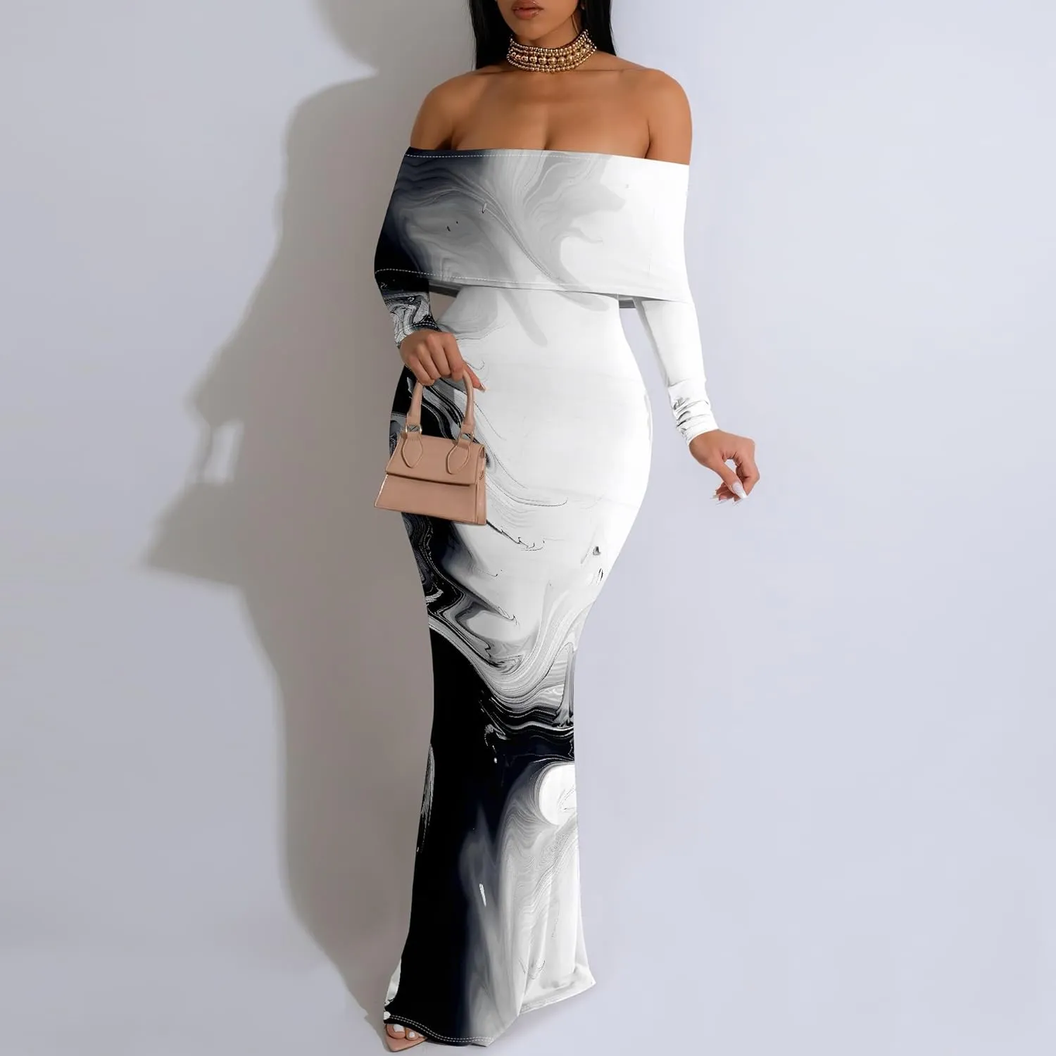 Summer Off-Shoulder Backless Long Sleeve Bodycon A-Line Maxi Dress High-Waisted Leg-of-Mutton Sleeve Sundress S-3XL