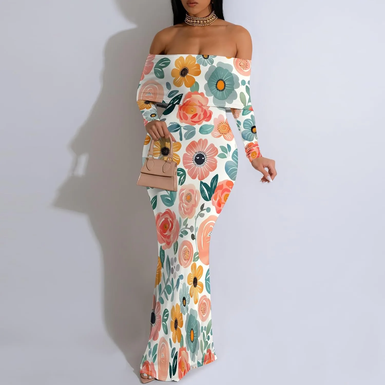 Summer Off-Shoulder Backless Long Sleeve Bodycon A-Line Maxi Dress High-Waisted Leg-of-Mutton Sleeve Sundress S-3XL