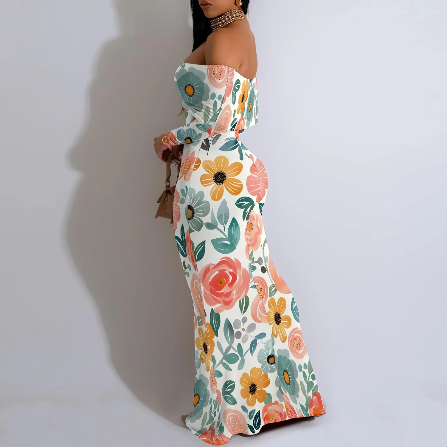 Summer Off-Shoulder Backless Long Sleeve Bodycon A-Line Maxi Dress High-Waisted Leg-of-Mutton Sleeve Sundress S-3XL