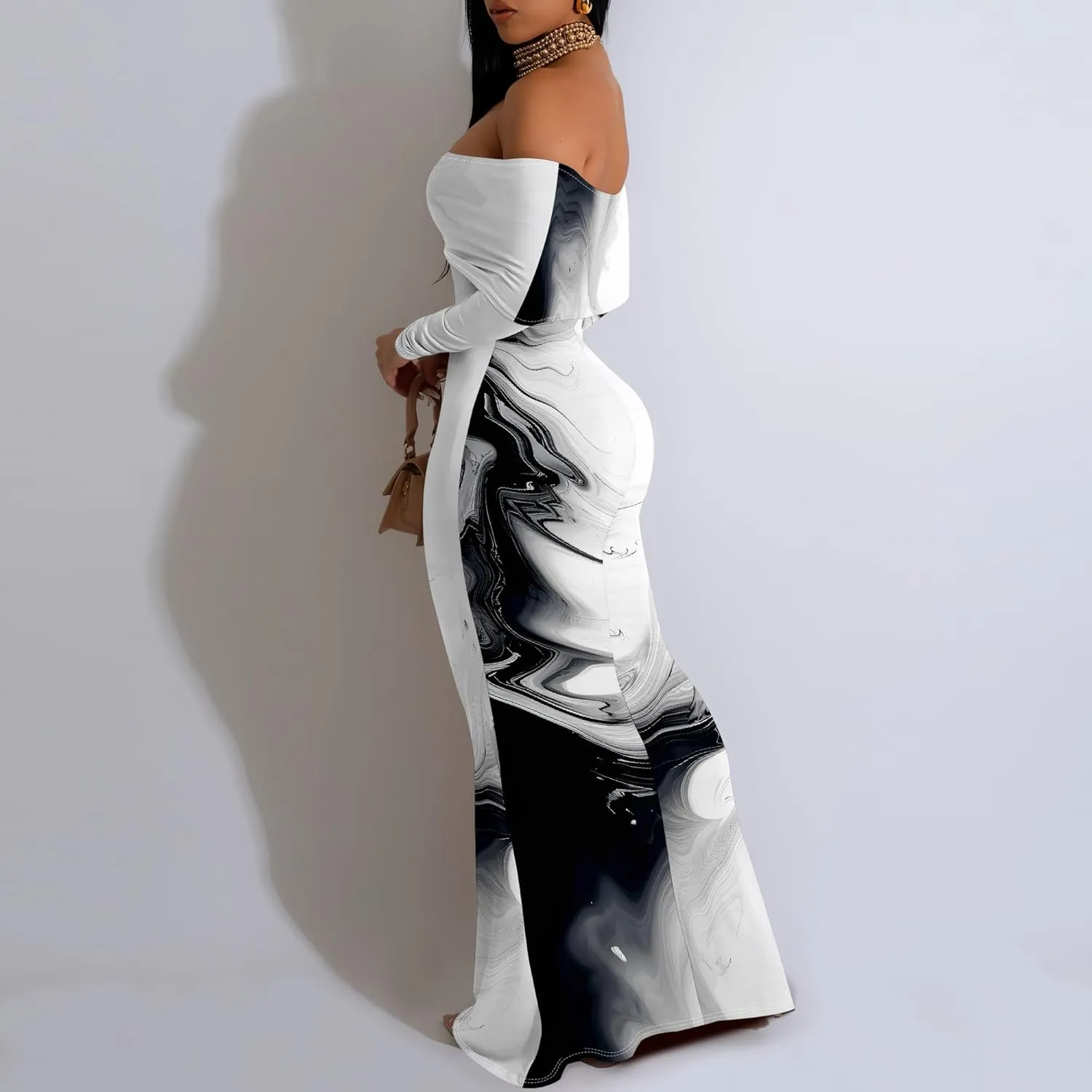 Summer Off-Shoulder Backless Long Sleeve Bodycon A-Line Maxi Dress High-Waisted Leg-of-Mutton Sleeve Sundress S-3XL