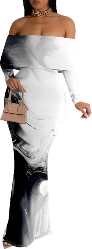 Summer Off-Shoulder Backless Long Sleeve Bodycon A-Line Maxi Dress High-Waisted Leg-of-Mutton Sleeve Sundress S-3XL