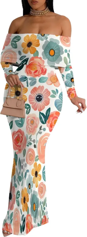 Summer Off-Shoulder Backless Long Sleeve Bodycon A-Line Maxi Dress High-Waisted Leg-of-Mutton Sleeve Sundress S-3XL