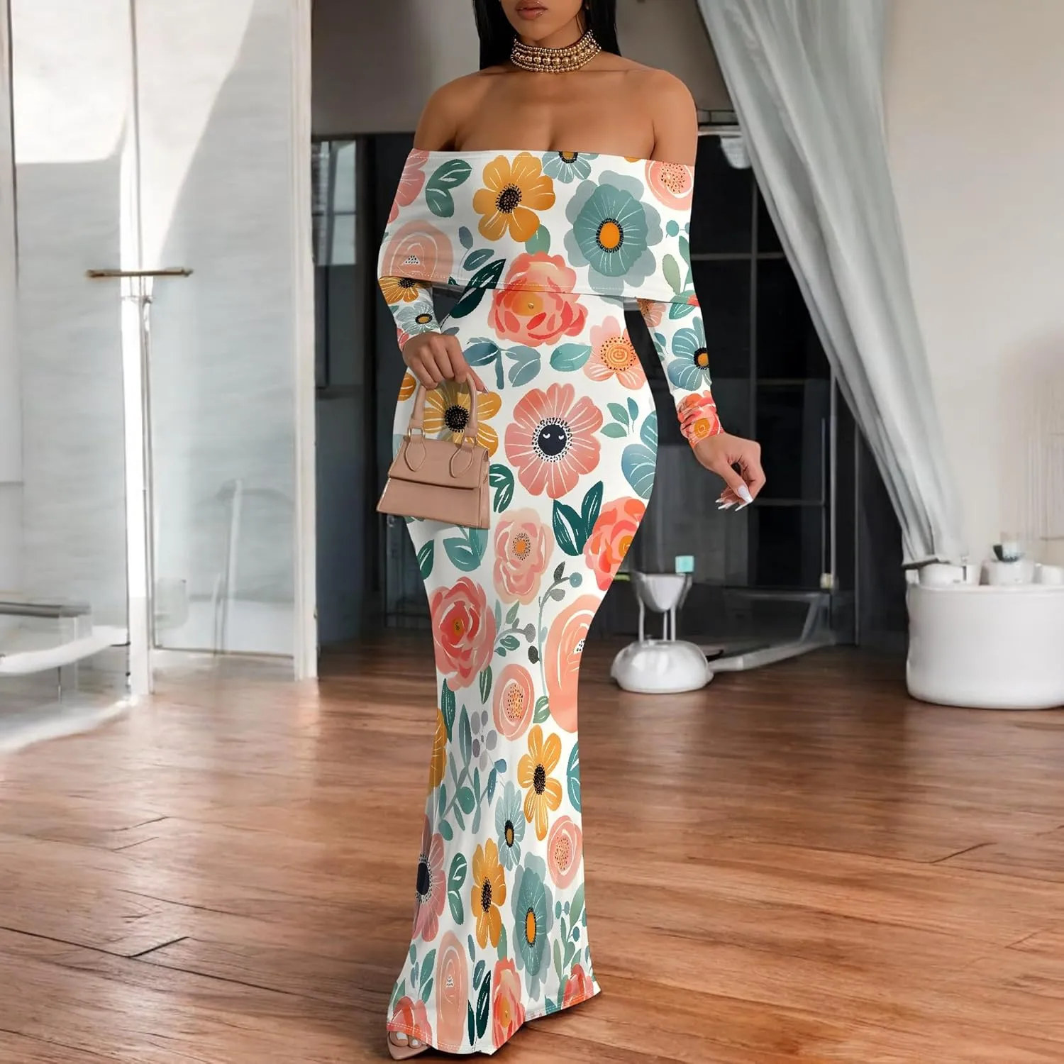 Summer Off-Shoulder Backless Long Sleeve Bodycon A-Line Maxi Dress High-Waisted Leg-of-Mutton Sleeve Sundress S-3XL