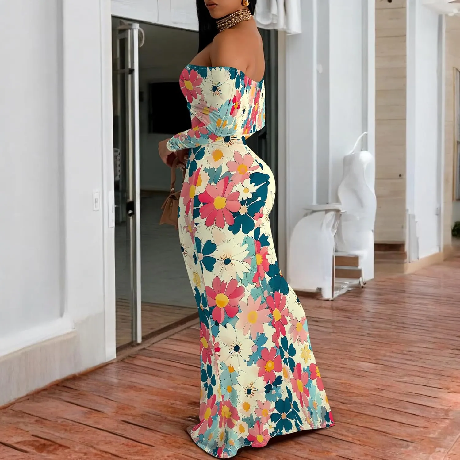 Summer Off-Shoulder Backless Long Sleeve Bodycon A-Line Maxi Dress High-Waisted Leg-of-Mutton Sleeve Sundress S-3XL