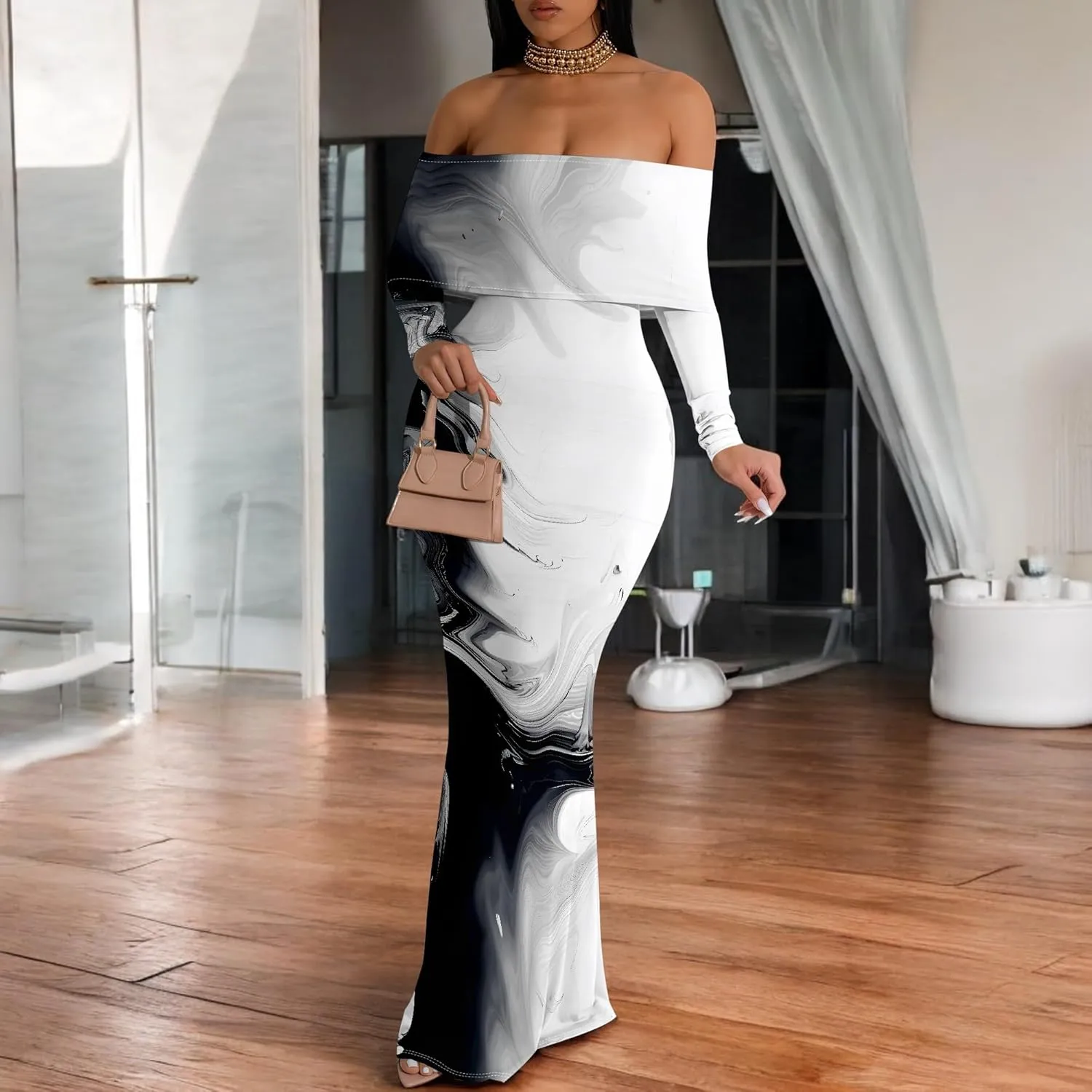 Summer Off-Shoulder Backless Long Sleeve Bodycon A-Line Maxi Dress High-Waisted Leg-of-Mutton Sleeve Sundress S-3XL