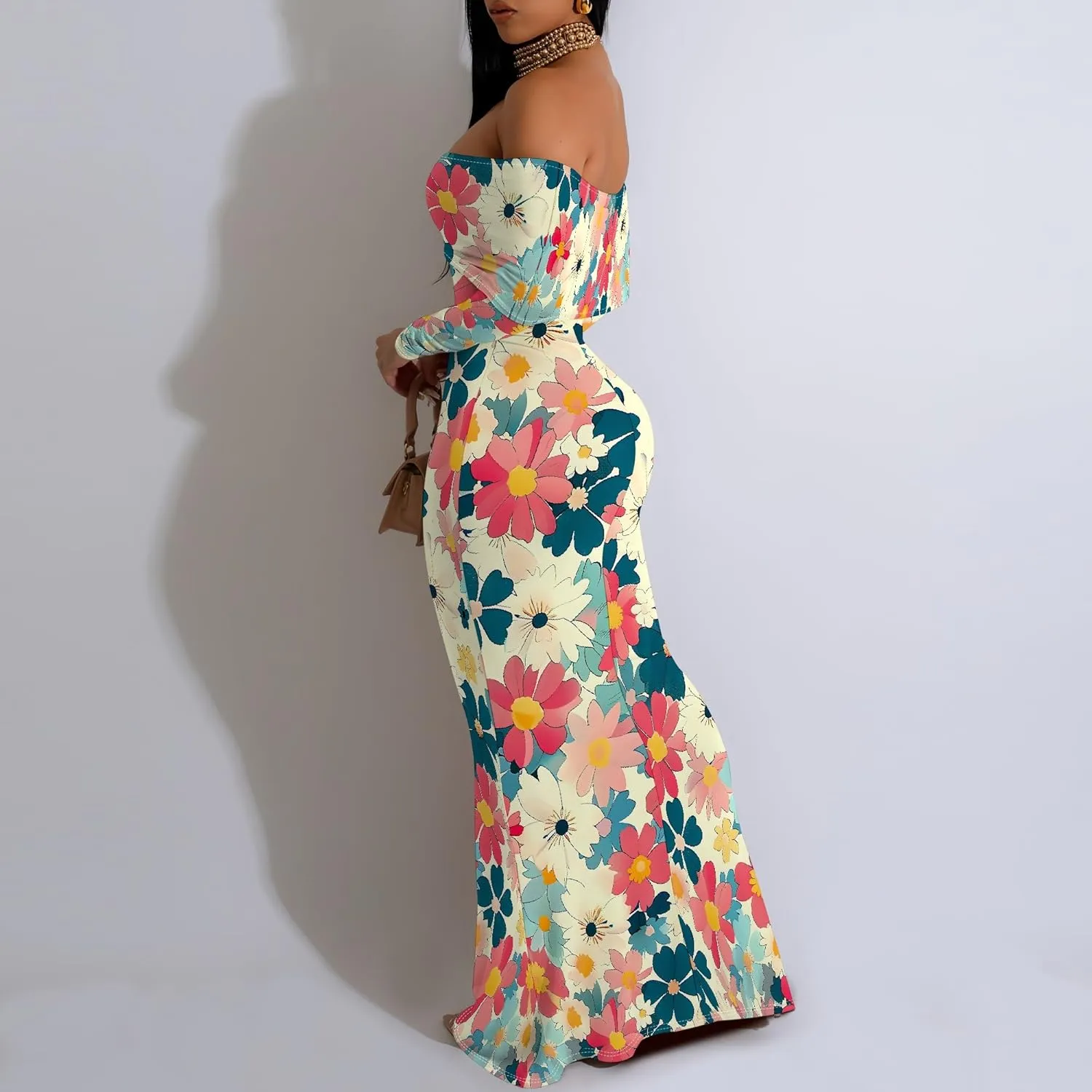 Summer Off-Shoulder Backless Long Sleeve Bodycon A-Line Maxi Dress High-Waisted Leg-of-Mutton Sleeve Sundress S-3XL