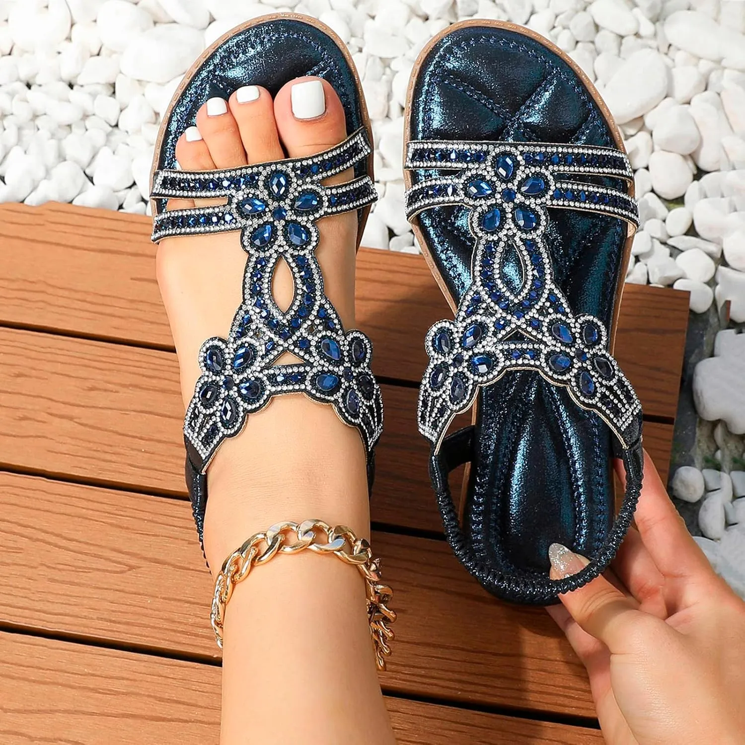 Summer Sandals For Women 2025,Women’s Flat Sandals,T-Strap Beaded Flower Rhinestone Dressy Elastic Strap Open Toe Slip-On Casual Flowers Bling Bohe Crystal Womens Walking Beach Shoes for Daily Wear