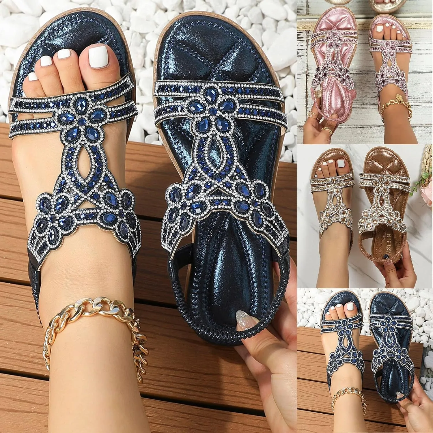 Summer Sandals For Women 2025,Women’s Flat Sandals,T-Strap Beaded Flower Rhinestone Dressy Elastic Strap Open Toe Slip-On Casual Flowers Bling Bohe Crystal Womens Walking Beach Shoes for Daily Wear