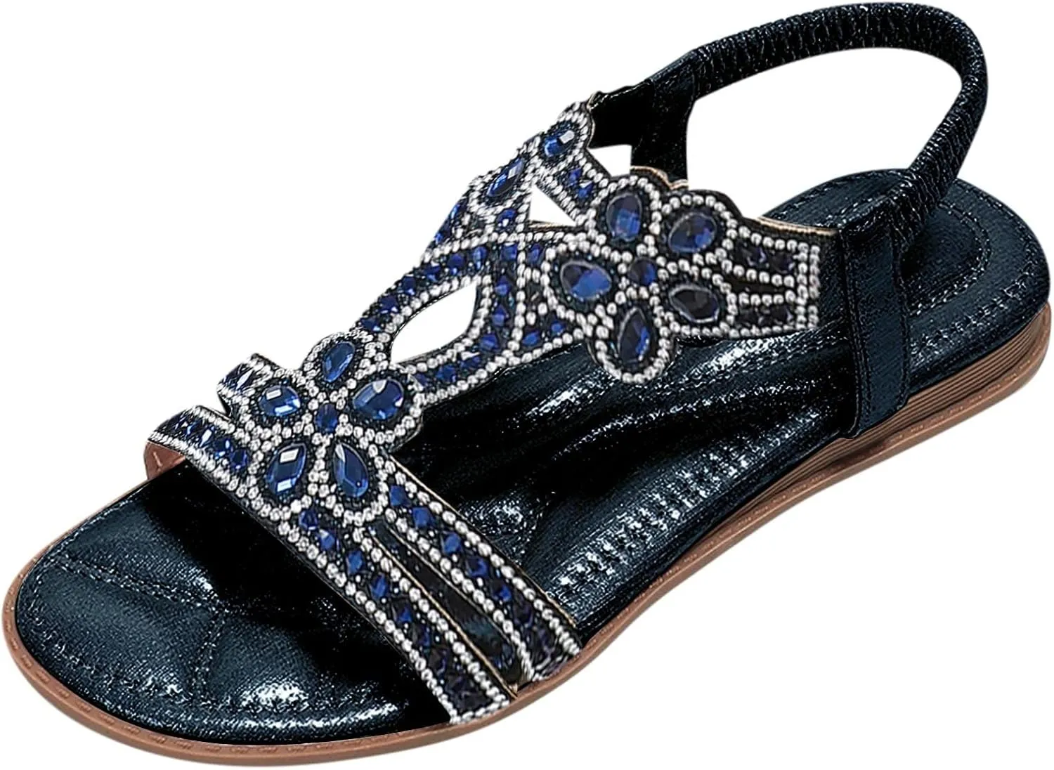 Summer Sandals For Women 2025,Women’s Flat Sandals,T-Strap Beaded Flower Rhinestone Dressy Elastic Strap Open Toe Slip-On Casual Flowers Bling Bohe Crystal Womens Walking Beach Shoes for Daily Wear
