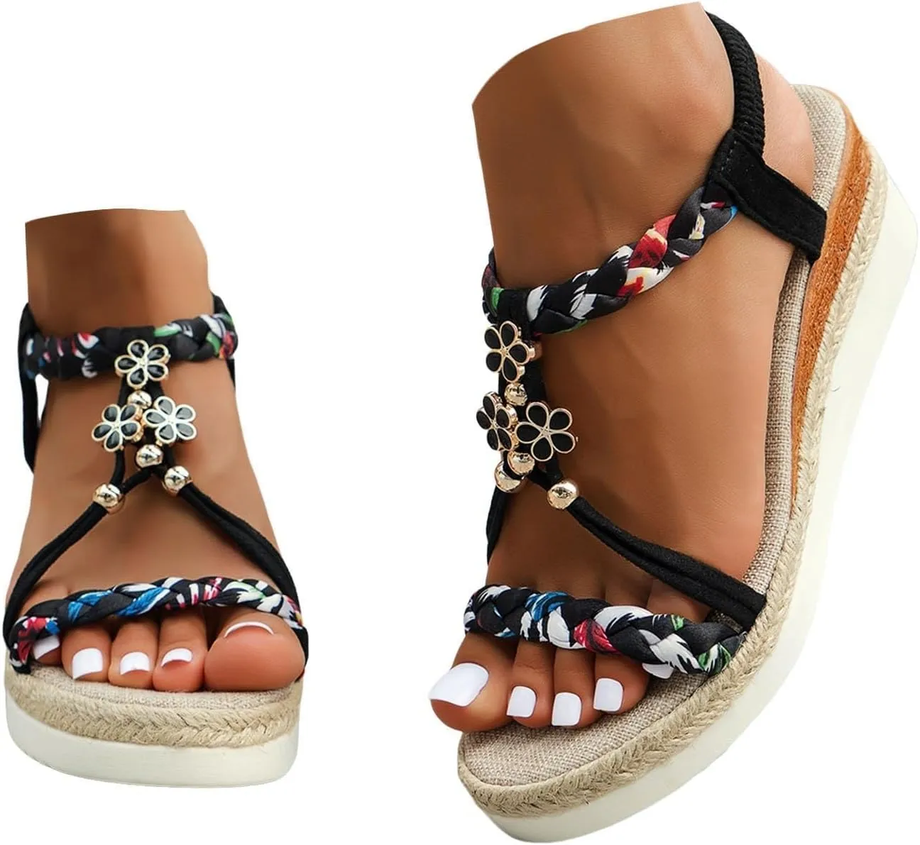 Summer Sandals for Women,Low Wedge Heels Comfortable Sandal Espadrille Bohemian Beach Shoes Jeweled Beaded with Ankle Strap Wide Width T Strap Slip-On Slippers