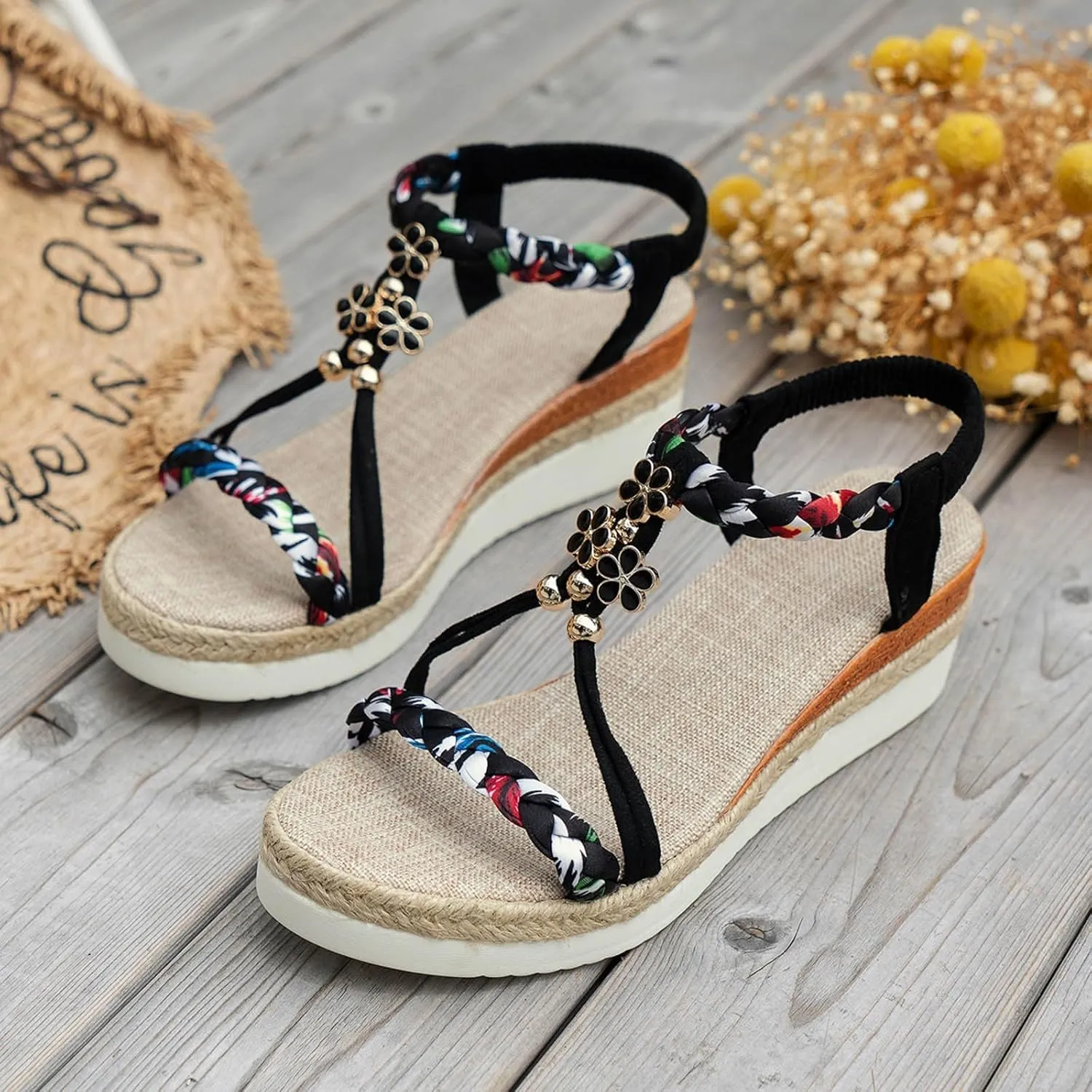 Summer Sandals for Women,Low Wedge Heels Comfortable Sandal Espadrille Bohemian Beach Shoes Jeweled Beaded with Ankle Strap Wide Width T Strap Slip-On Slippers