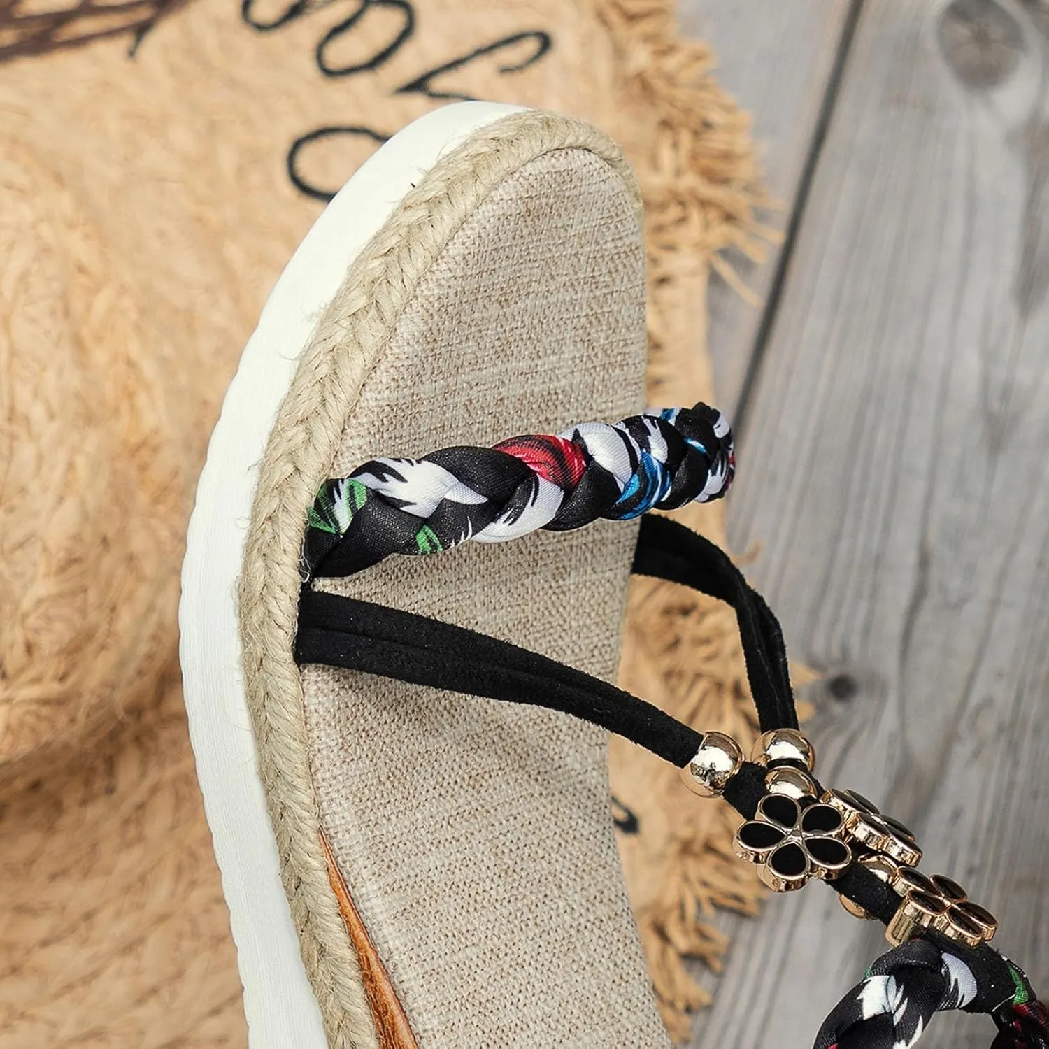 Summer Sandals for Women,Low Wedge Heels Comfortable Sandal Espadrille Bohemian Beach Shoes Jeweled Beaded with Ankle Strap Wide Width T Strap Slip-On Slippers