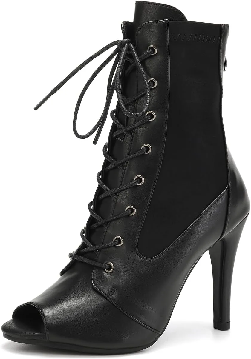 SWDZM Women's Dance Heels Ankle Dance Booties Peep Toe Salsa Dance Shoes Heels Dance Boots,Model DS02