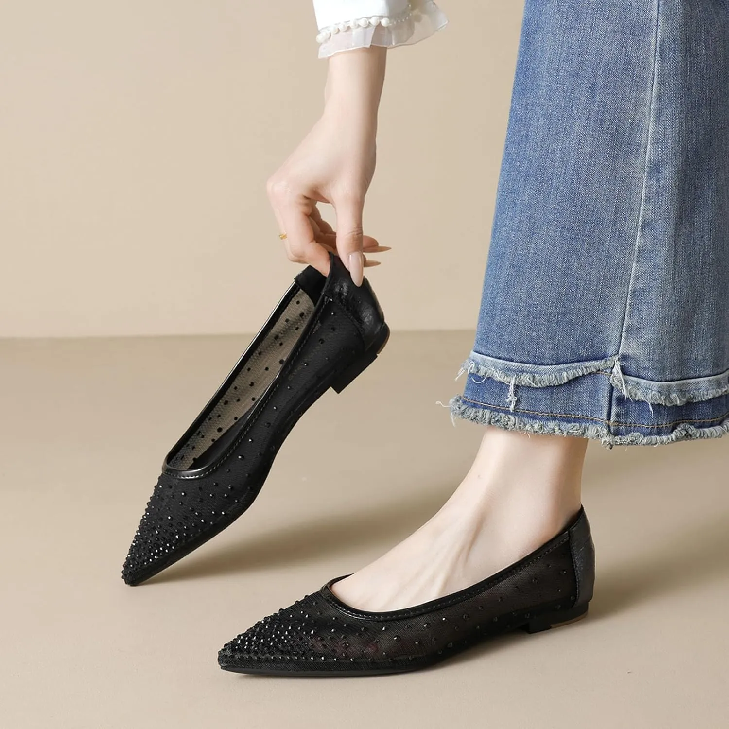 SWDZM Womens Mesh Ballet Flats Crystal Rhinestone Studded Comfortable Mary Jane Dress Shoes