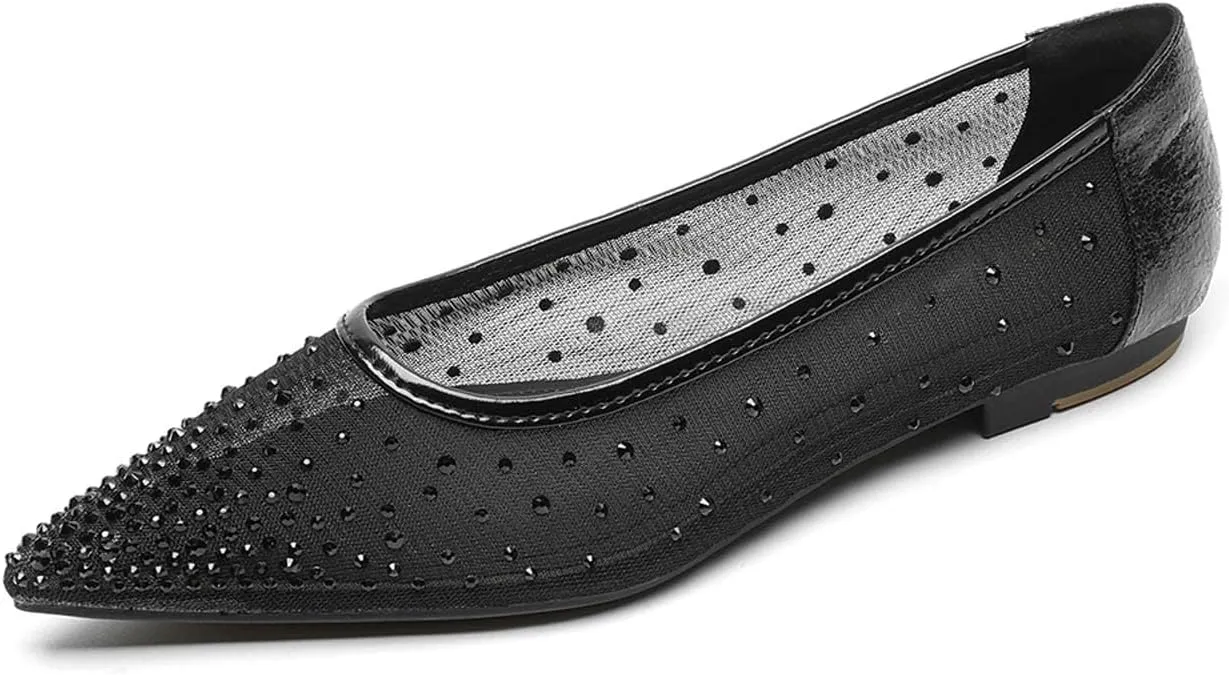 SWDZM Womens Mesh Ballet Flats Crystal Rhinestone Studded Comfortable Mary Jane Dress Shoes