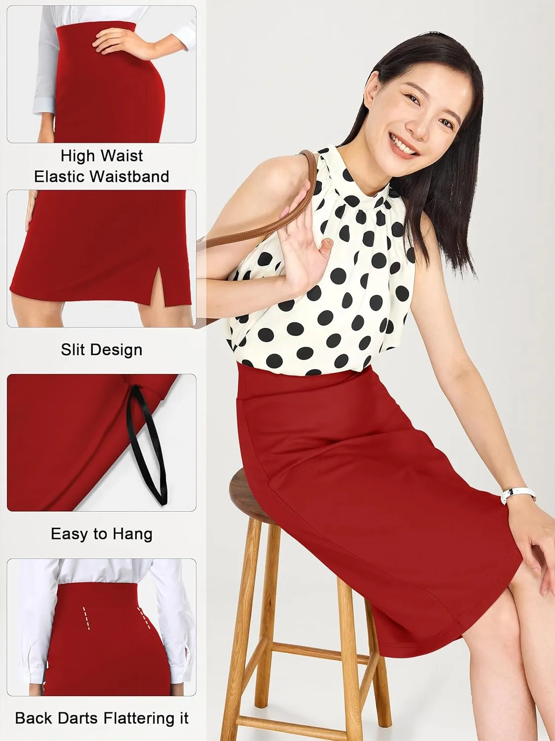 Tapata Womens Pencil Skirts Stretch Office Work Skirt Knee Length High Waist Midi Ponte Bodycon for Business Casual