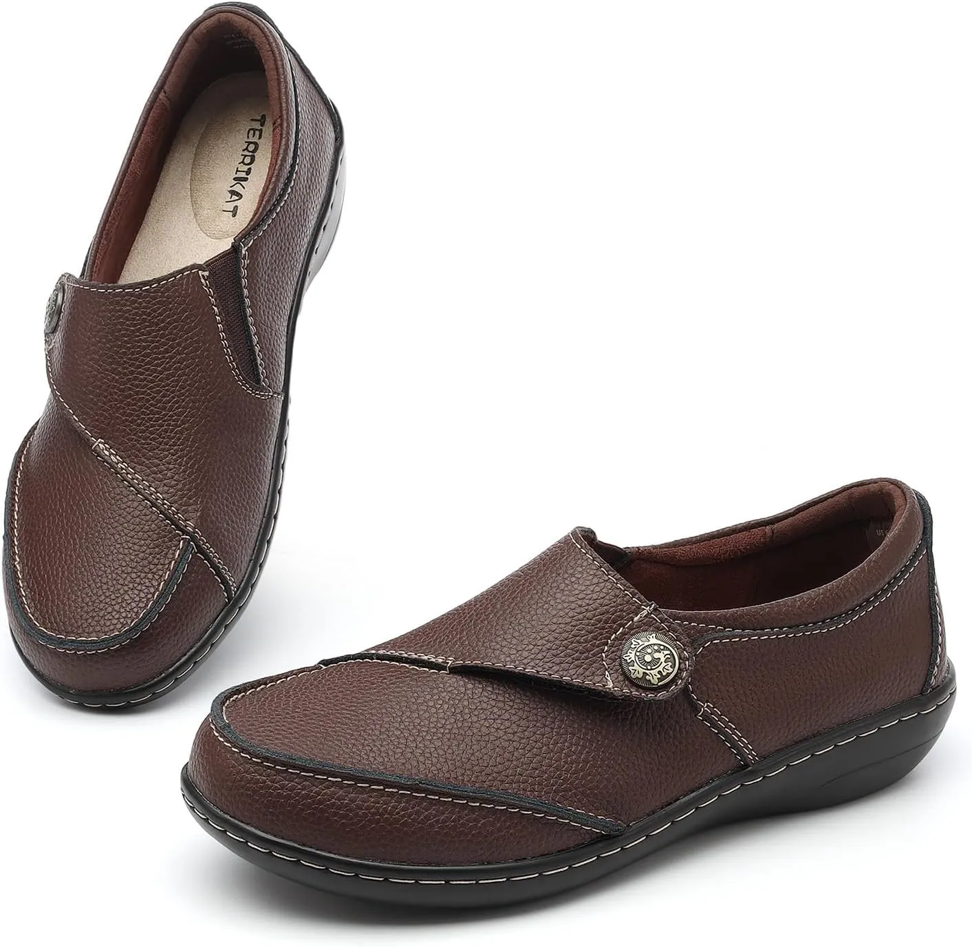 TERRIKAT Women's Classic Casual Leather Loafers Cute Moc Toe Slip On Comfort Walking Flats Lightweight Work Shoes