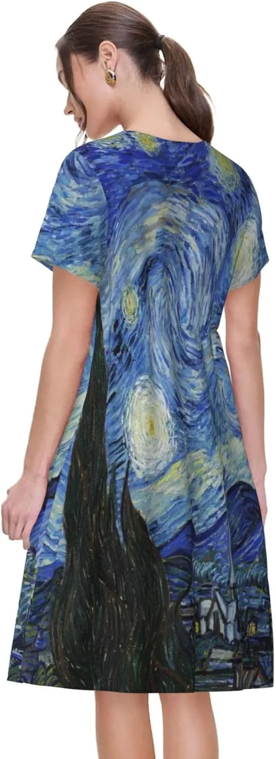 The Starry Night for Women's Casual Short Sleeve Dress with Pockets Dress for Summer,Travel,Lounging-